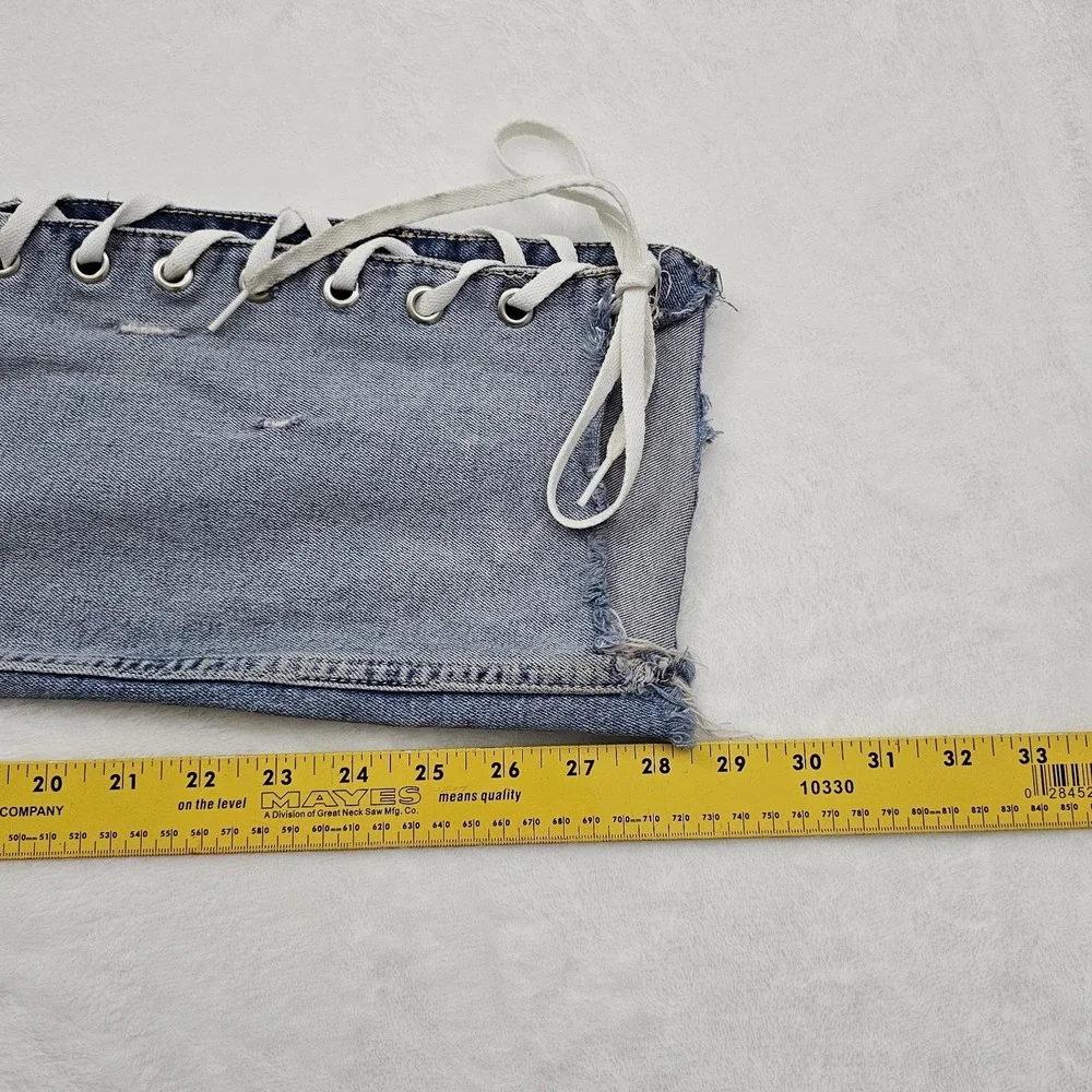 Anthropologie Pilcro Slim Straight‎ Jeans Womens 34W 28L Raw Hem Lace Up Denim